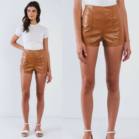Sublime Vegan Leather High Waist Camel Mini Shorts - Picture 4 of 8
